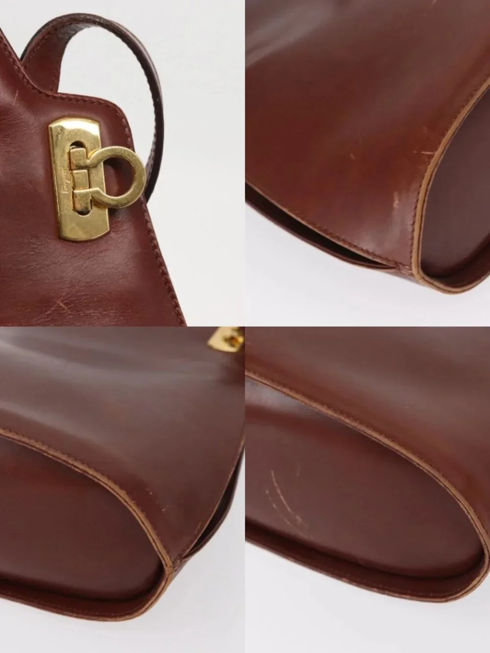 Salvatore Ferragamo Gancini Shoulder Bag Leather Brown Gold Auth 159579